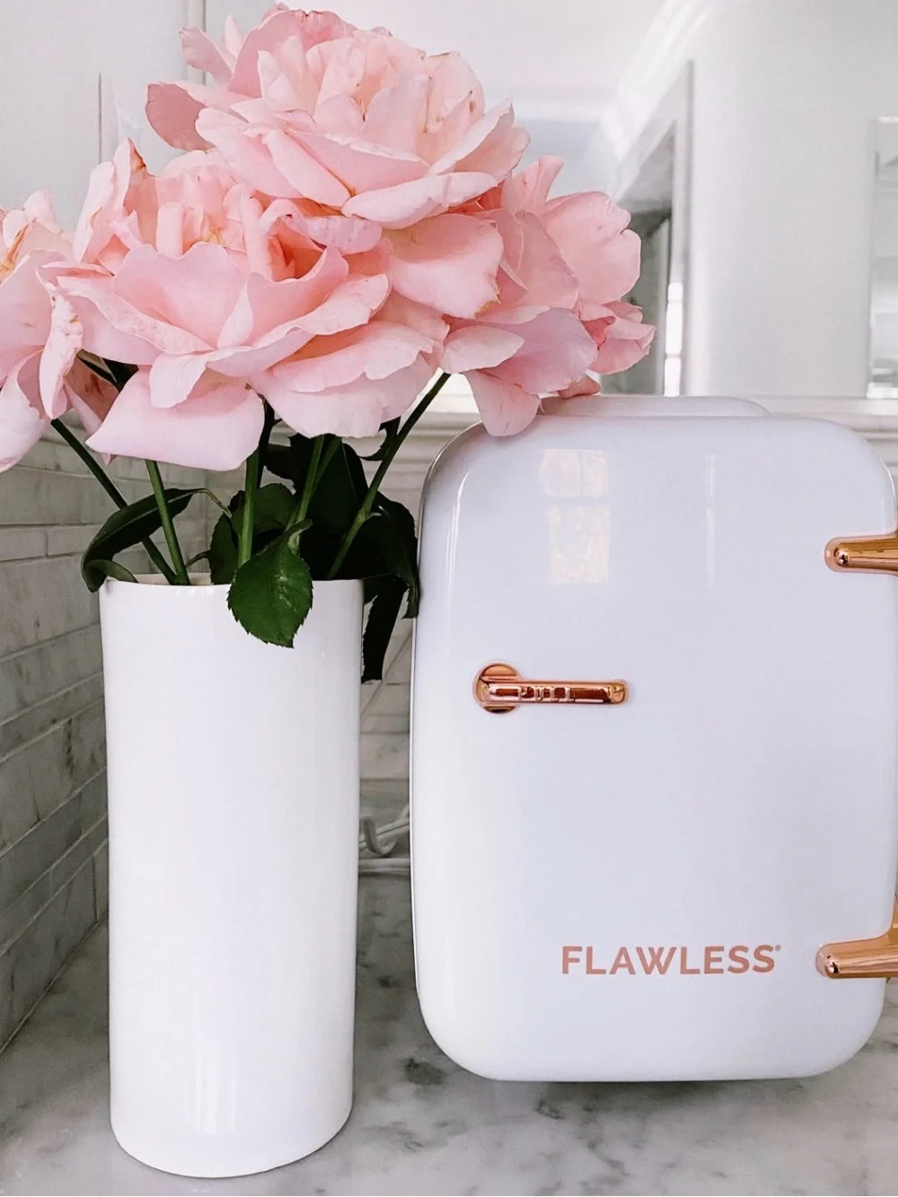 FLAWLESS White Mini Fridge with Rose Gold Accents